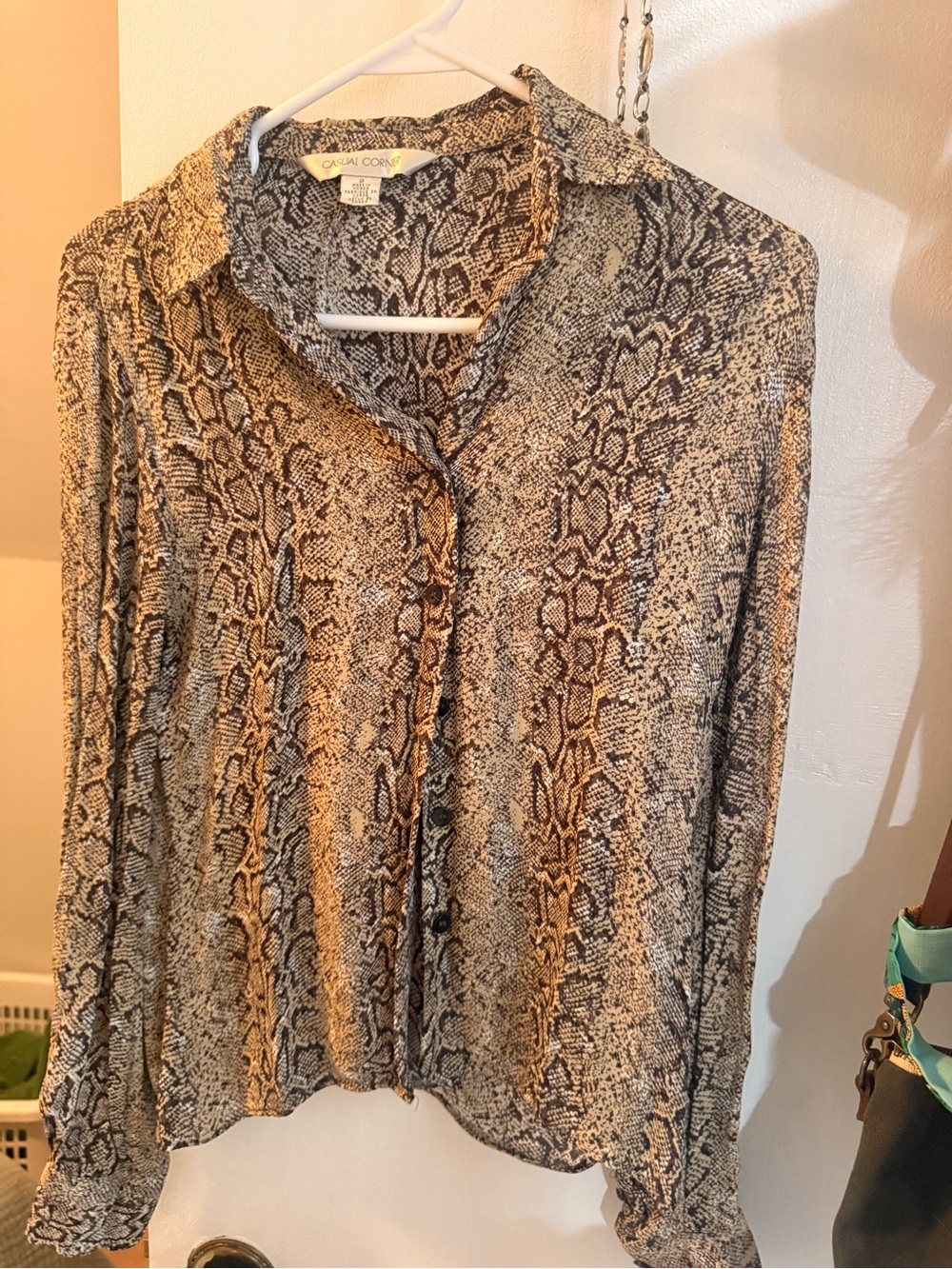 Casual Corner Snake Print Button-Down Blouse in Brown and Black